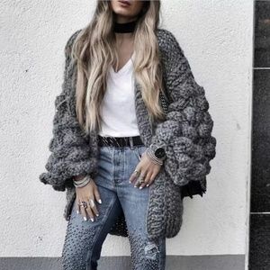 ABBEY HAND-KNITTED POM POM SLEEVE CHUNKY CARDIGAN
